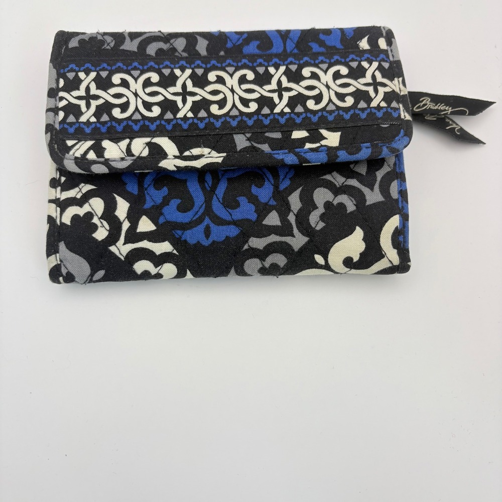 Vera Bradley Canterberry Cobalt Trifold Wallet Blue Black White Quilted